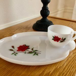 Vintage Federal Milk Glass  Rose Snack Plate & Cup